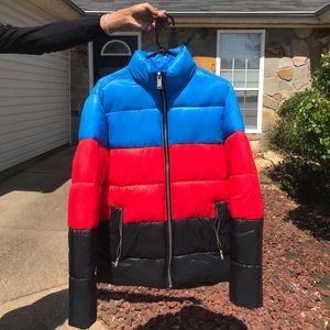 Red black & blue puffer